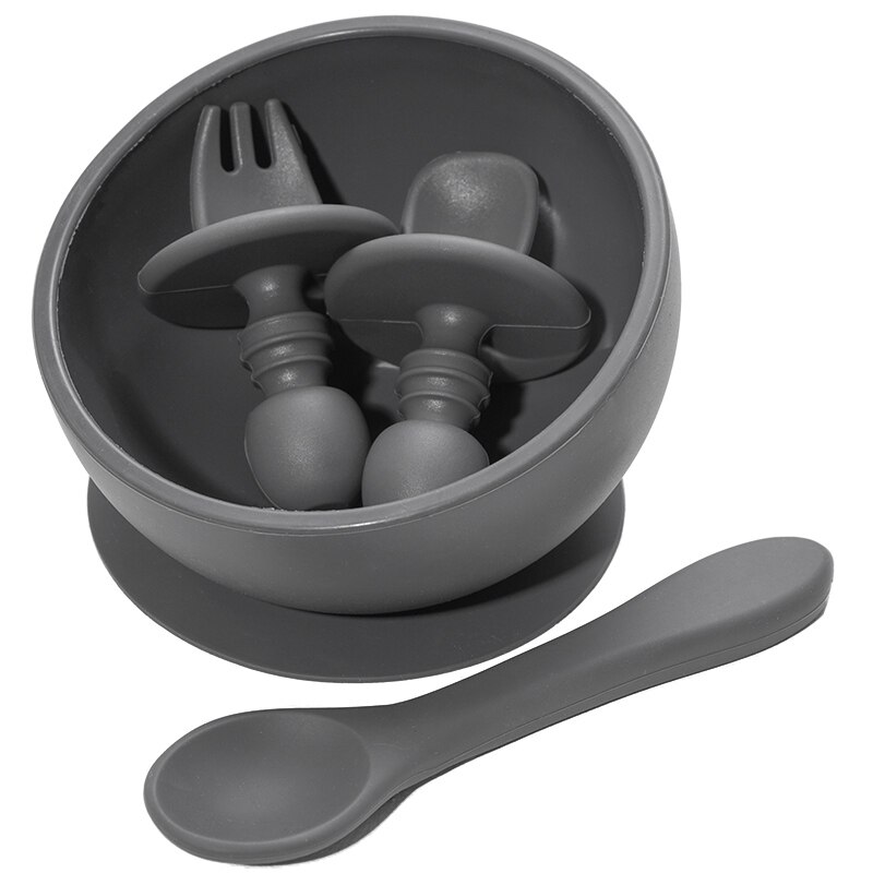 4 stk sæt baby bordservice børns bærbare mini gaffel ske lille skål plade og silikone ske børn: Mørkegrå