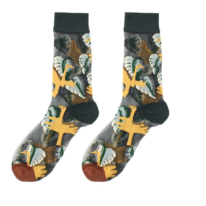 Calcetines divertidos de pájaro Floral de seda de cristal con Hipster francés para mujer, ropa de calle transparente, Calcetines divertidos artísticos de Jacquard Sokken: Negro