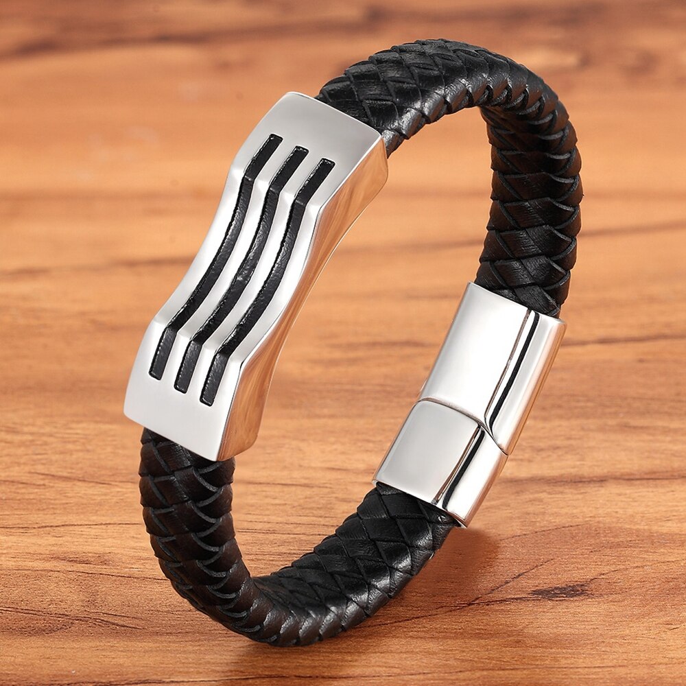 ¡Novedad de ! Pulseras para hombre con cadena de cuero en 3 colores, pulsera de acero inoxidable con cierre magnético a la , accesorios para hombre y mujer: Steel / los 21cm