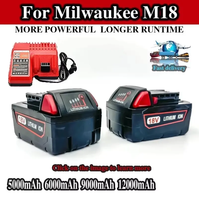 Para bateria de ferramenta elétrica milwaukee m18, carregador, br, xc, 18v, 5000mah-12000mah m18b5, 48-11-1860, bateria 18650 10c integrada