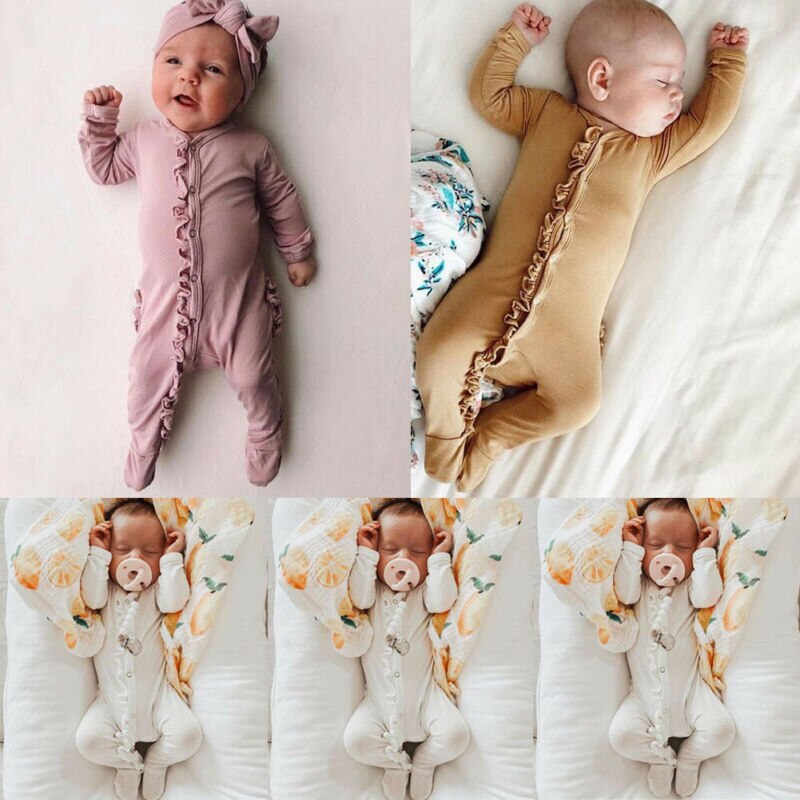 Emmababy 2PCS Pasgeboren Kids Baby Baby Jongen Meisje Lange Mouwen Katoen Button Romper Jumpsuit Hoofdband Kleding Outfit Herfst