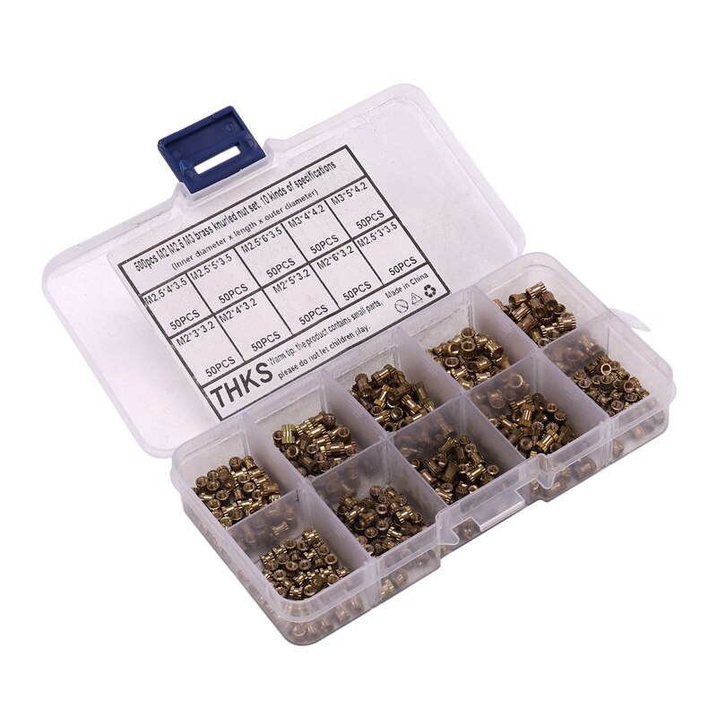 500 Pcs M2 M2.5 M3 Female Thread Copper Knurled Threaded Insert Embedment Nuts Assortment Kit Tool Embedded Parts Fastener