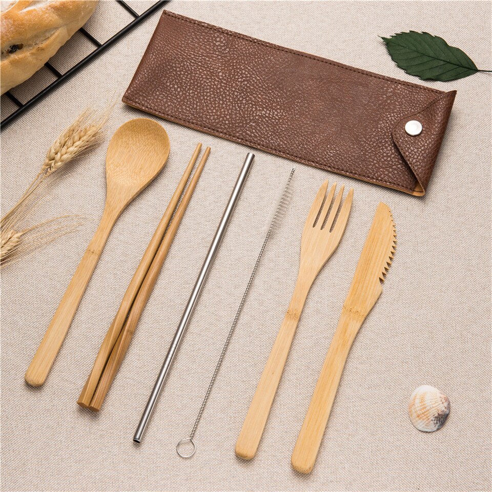 Servies Set Bestek Set Rietjes en Bamboe Vork Mes met Doek Tas Picknick voor Reizen Servies Camping Outdoor: 6pB