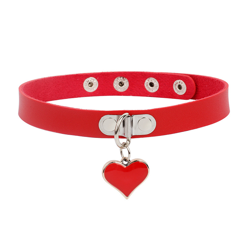 New gothic punk leather choker necklace for women, teens, and girls, studded heart cross collar necklace, rock jewelry: Red