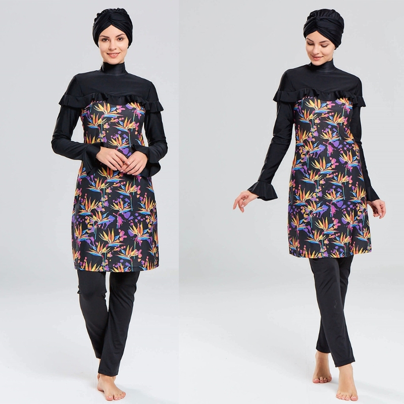 Burkini avec bonnet Hijab pour femmes, 3 pièces, manches longues, à volants, modeste, maillot de bain islamique, col montant, couverture complète, vêtements de plage