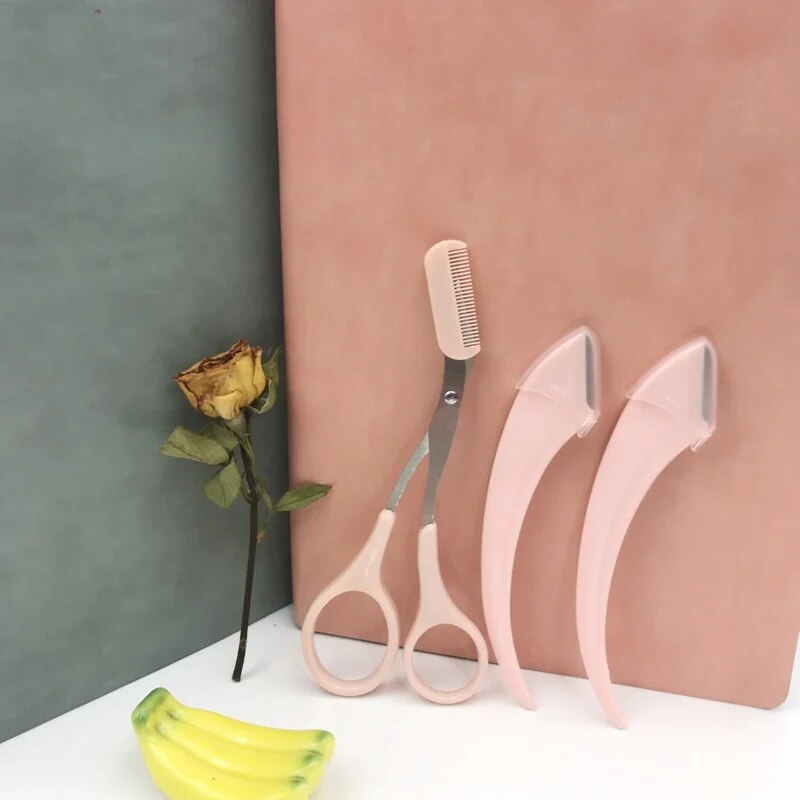 Juego de recortador de cejas con peine, perfecto para hombres y mujeres, adecuado para todo tipo de piel, maquinilla de afeitar y tijeras curvadas para EasyHair Remova: Rosa