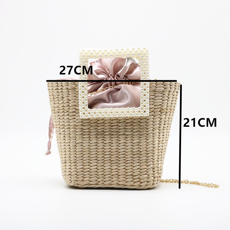 Kvinder perle halm håndtaske vævet tote sommer strand rejse snøre spand boheme perle håndtag tasker  ss3643