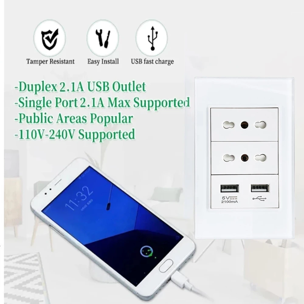 Italy Switch Wall Sockets USB Type-C Chile Plug 16A Chilean Outlets Italian EU Power Socket Tempered Glass Panel Home Office