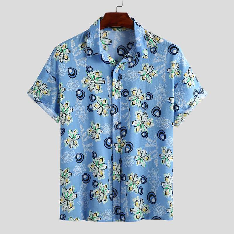 Incerun heren hawaii overhemd bloemenprint casual korte mouwen revers chique zomer strand shirts streetwear camisa s -5xl: Blauw overhemd / M