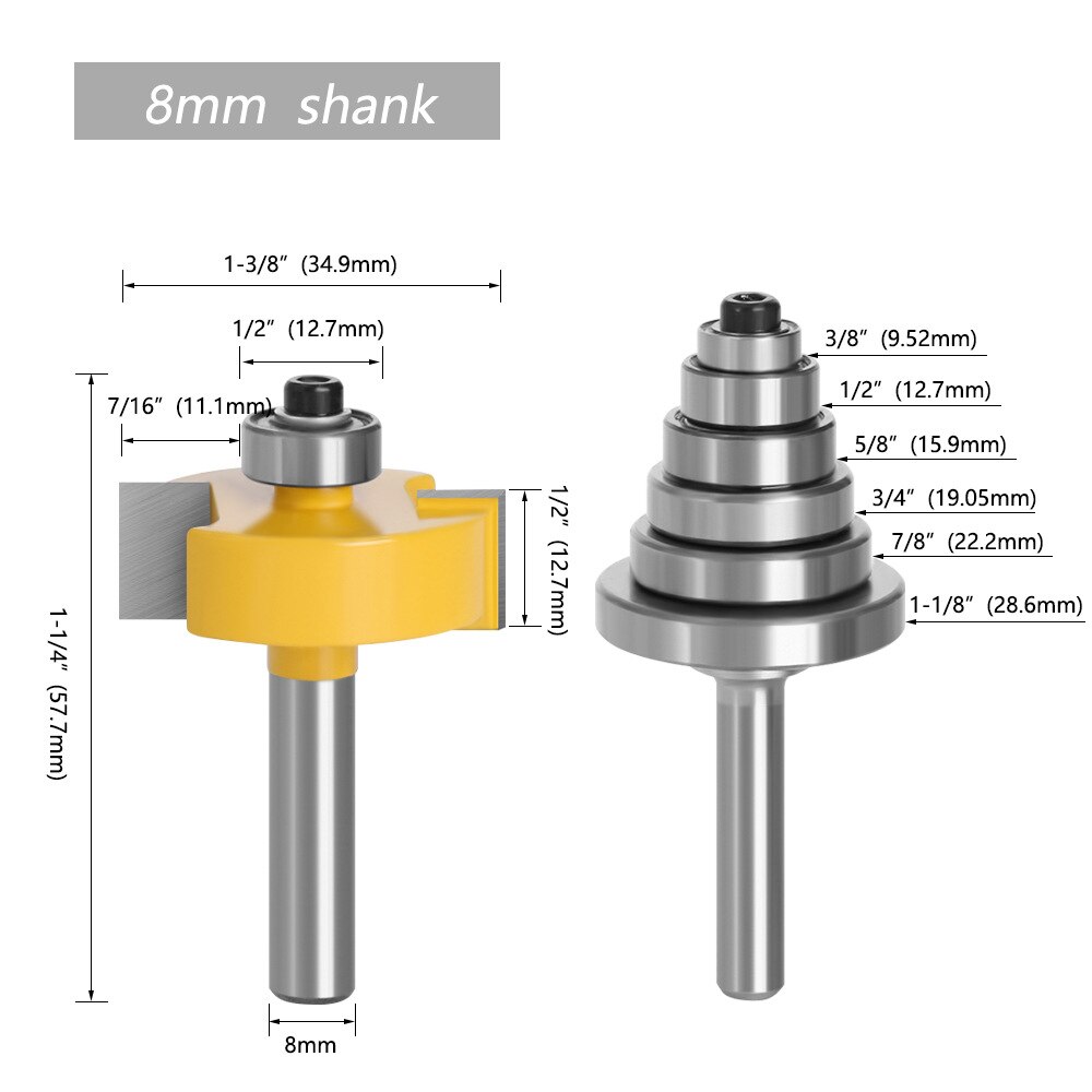 2PCS 8mm 12MM 12.7MM Shank Rabbet Router Bit with 6 Adjustable Bearings Tenon Milling Cutter Cemented Carbide Woodworking Bits