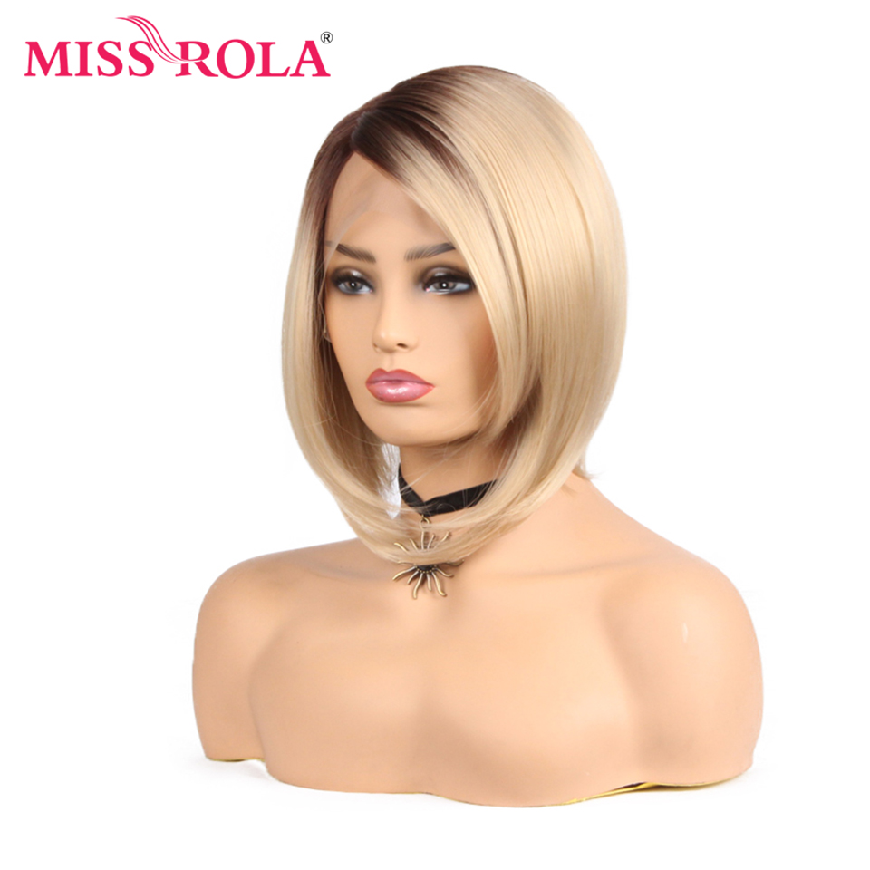 Miss Rola Synthetisch Bob Pruik Lace Front Pruik Korte Rechte Synthetische Pruik Met T Lace Deel Sluiting Ombre Blonde Kleur 150% Dichtheid