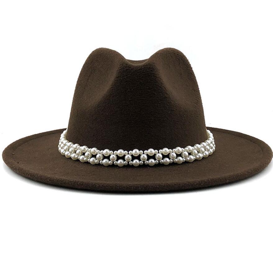 Women Wool Fedora Hat with Imitation Pearl Ribbon Gentleman Lady Winter Autumn Wide Brim Church Girl Jazz Cap: WYH-4957-15