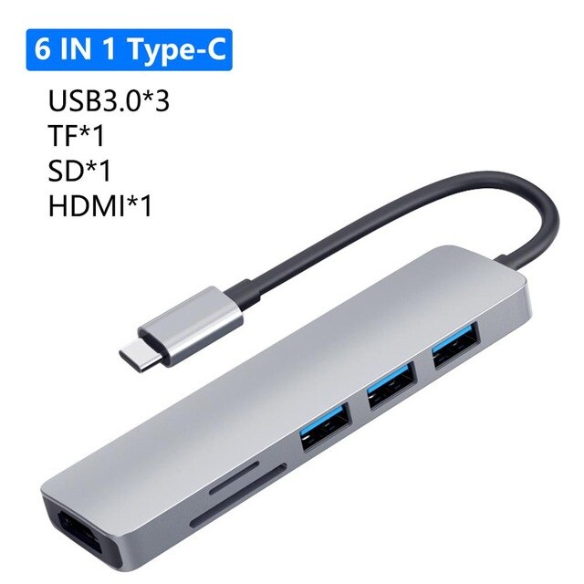 USB 3.1 Type-C Hub To HD Adapter 4K Thunderbolt 3 USB C Hub with Hub 3.0 TF SD Reader Slot PD for MacBook Pro/Air/Huawei Mate: 6 IN 1 HUB TYPE2