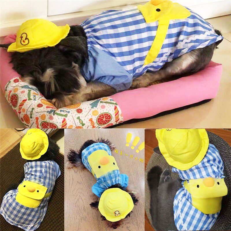 Lovely Dog Shirt For Small Dogs With Hat Summer Plaid Dog Clothes Chihuahua Dog Shirts Costume Duck Pet Clothes Cat Blouse