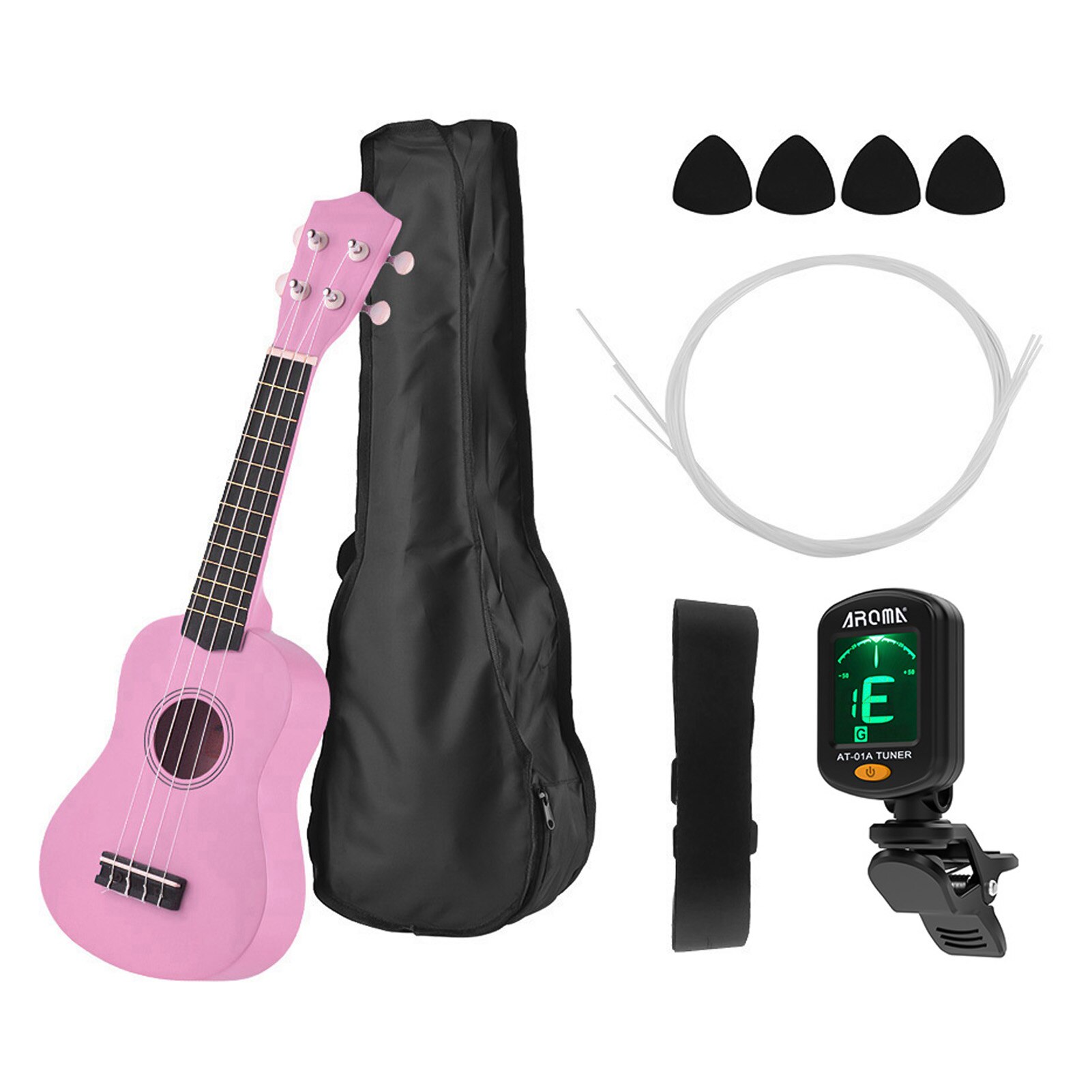 Ukulele Soprano acoustique de 21 pouces, Kit Uke en tilleul avec sac de transport, cordes de sangle Uke, médiators de guitare, accordeur noir: Pink