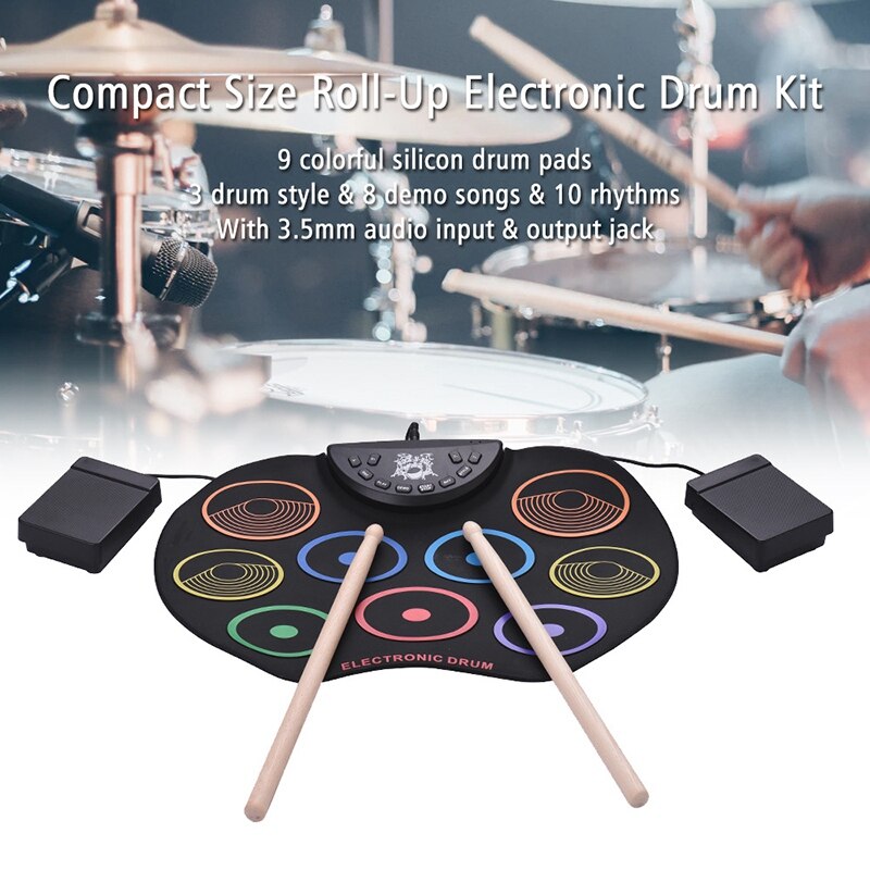 Portable Roll Up Drum Set Electronic Drum Kit 9 Silicon Drum Pads USB Powered with Drumsticks Foot Pedals for Kids
