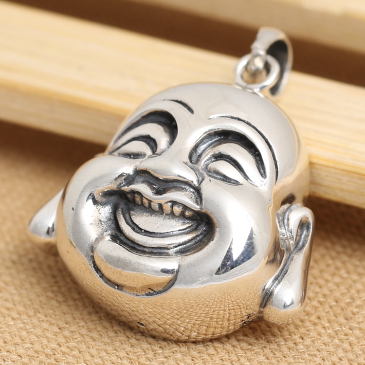 Handgemaakte 925 Zilveren Tibetaanse Lachende Boeddha Hoofd Hanger Vintage Sterling Zilver Happy Buddha Hanger Geluk Amulet
