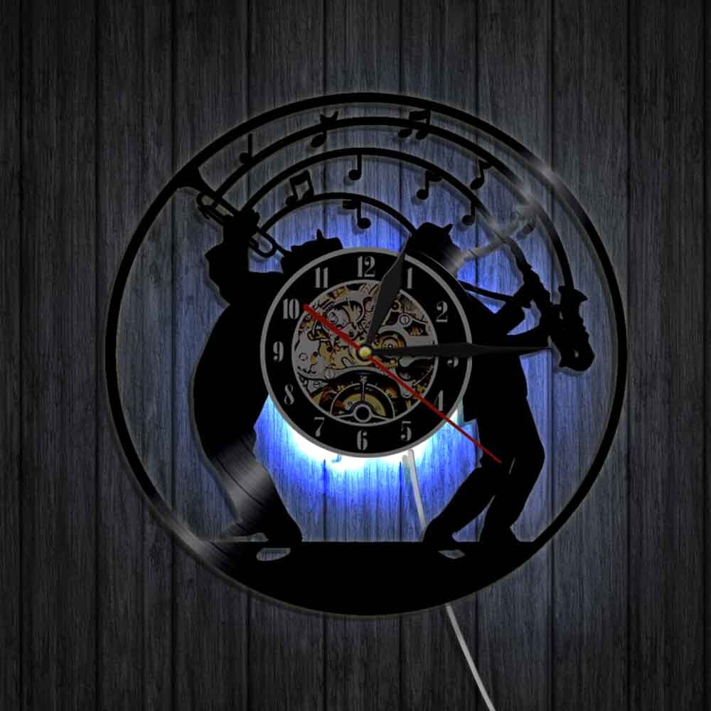 Reloj de pared de vinilo con luz Led con de saxofón iluminado, reloj artístico con banda de música Jazz, para amantes