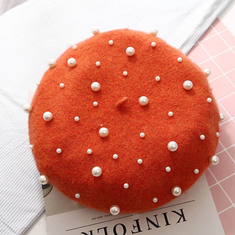 Wool Women Winter berets Luxury pearl rivet Vintage Cashmere Female Warm Vogue beret Hats Girls Flat cap beret for women: Orange