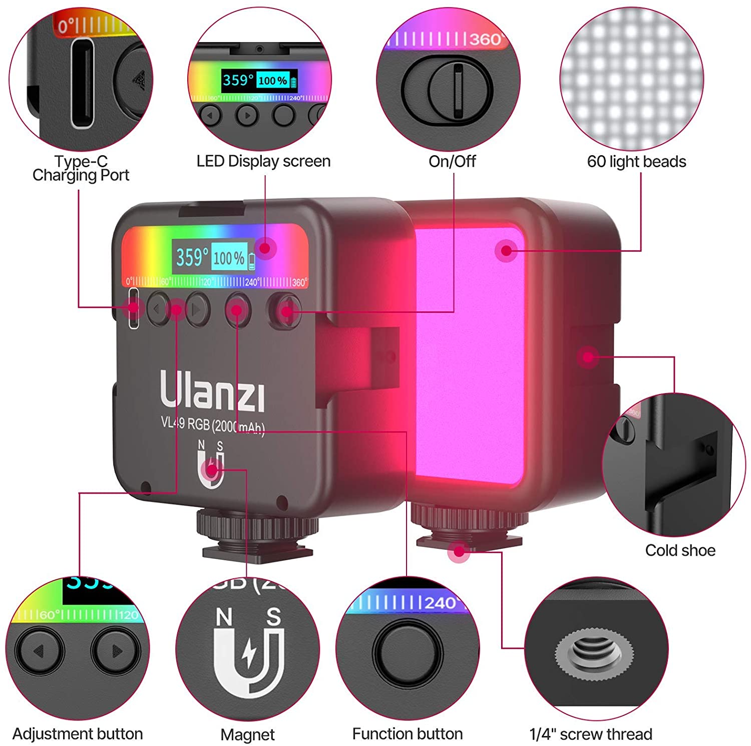 Lampe Vidéo ULANZI U60 RGB - 60 LED CRI95+, 2500-9000K, Batterie 2500mAh - Pour Appareil Photo, Smartphone, Vlog - Avec Clip Et Support Froid