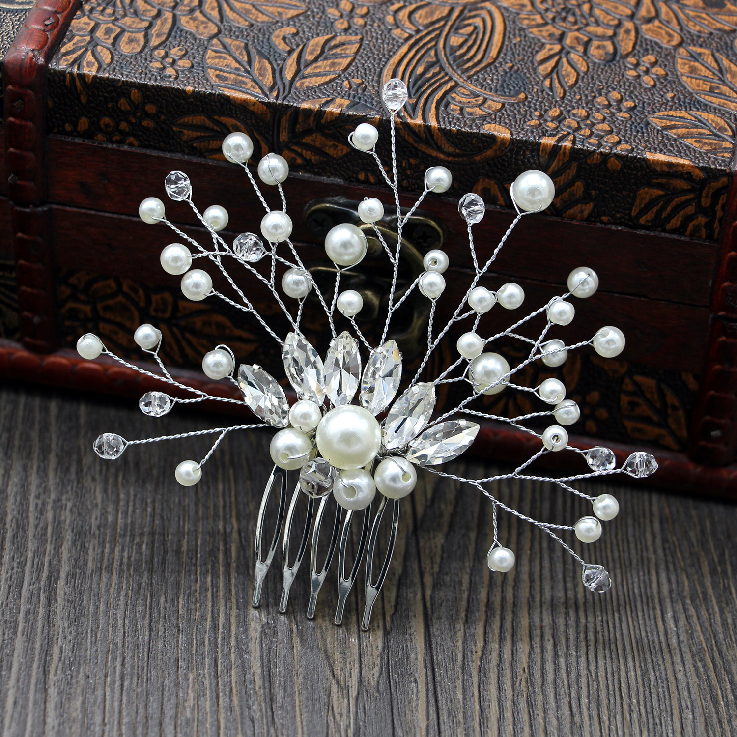 Peineta de aleación de perlas para boda, joyería para niñas, horquilla hecha a mano, Tiaras nupciales, accesorio para el cabello de boda, de joyería: PLATEADO