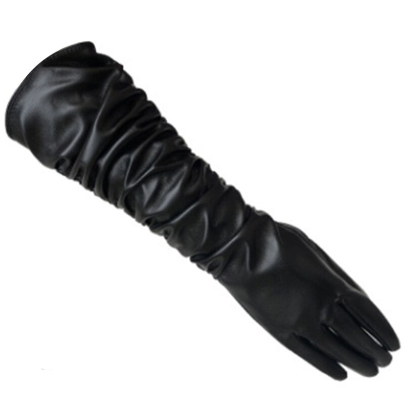 Lange Leren Handschoenen Lange Mouwen Simulatie Lederen Drie Bars Wit Zwart Vrouw Lakleder Pu Handschoenen: Folded black