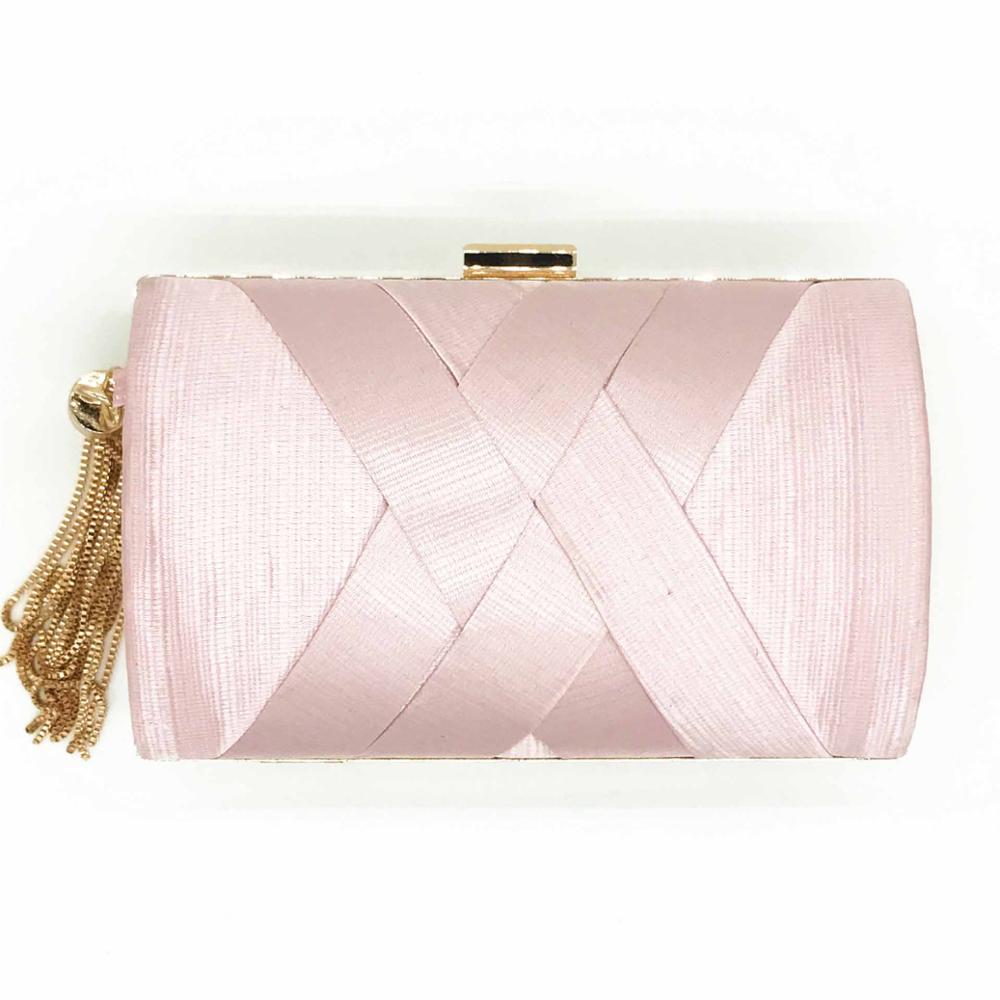 Handgjord silke kvällsväska dam satin brud bröllopsväska party messenger tofsar clutch guld silver: Rosa