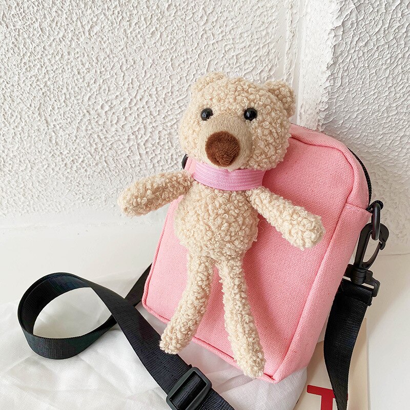 Hair bear canvas bag female trendy cute student chest bag ins shoulder bag messenger waist bag: pink