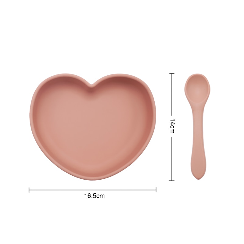 Plato de cena en forma de corazón con succión, juego de alimentación para bebé, cuchara de silicona pura, fácil de limpiar, sin BPA, para Baby Shower, novedad de 2022