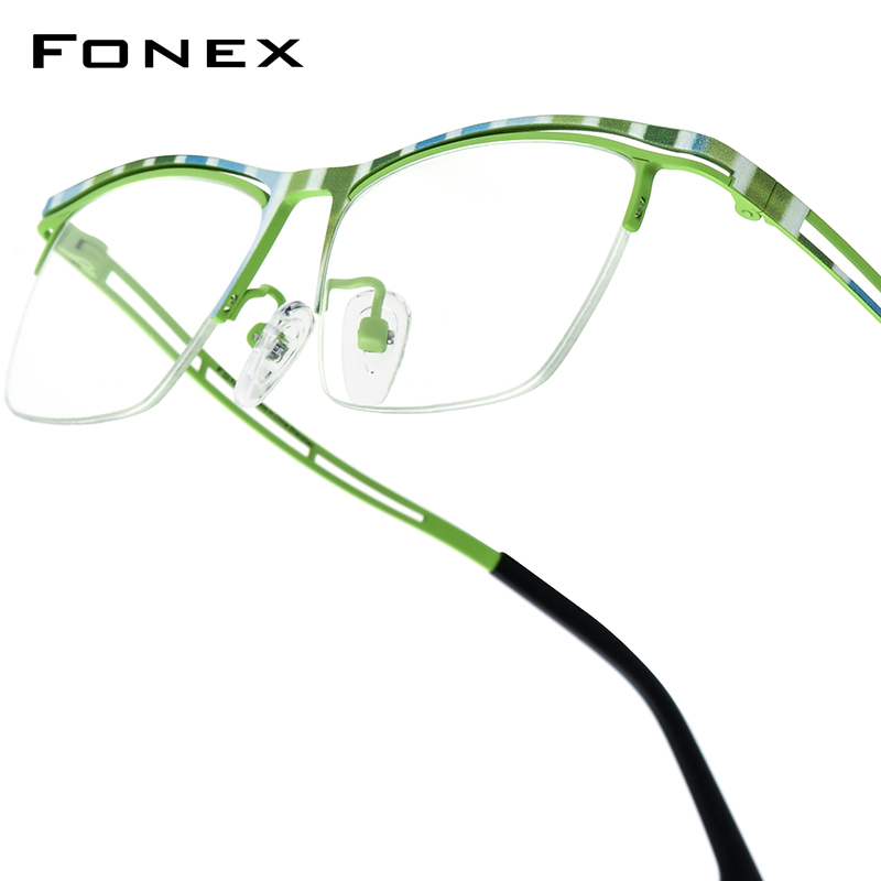 FONEX Titanium Brilmontuur Mannen 2025, Nieuw Merkontwerp Semi-Randloze Vierkante Brillen Halve Rand Japanse Ultralight Brillen 85890: green