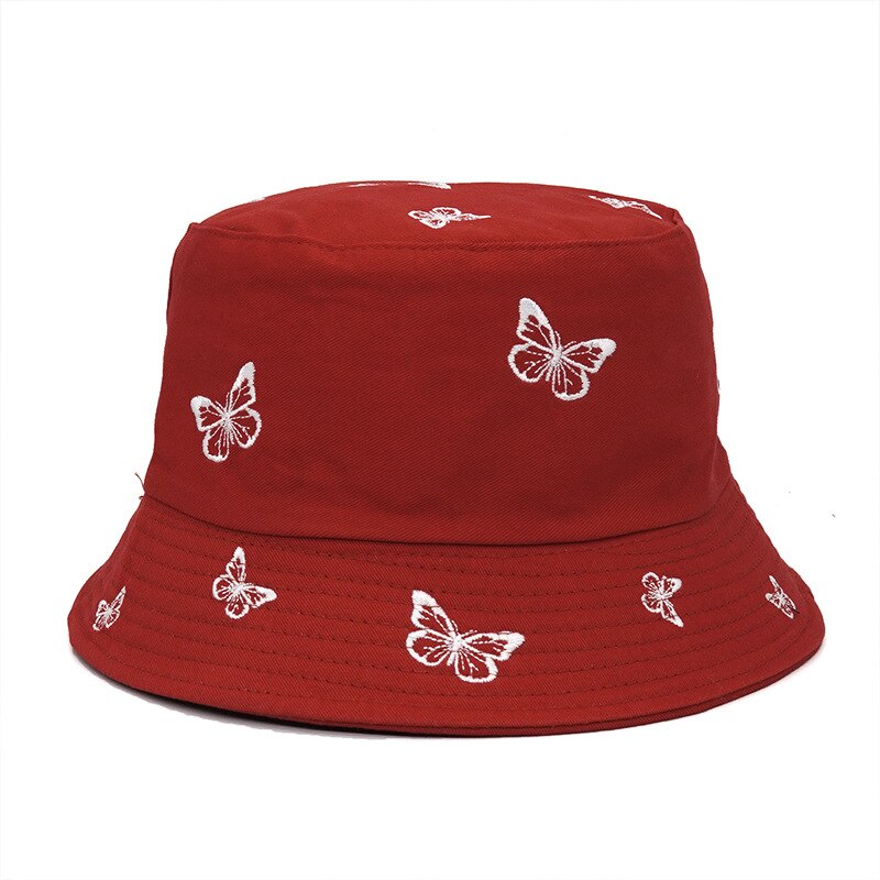 Sombrero de pescador plegable con estampado de mariposa para mujer, gorro de pescador con bordado, estilo Hip Hop, ideal para ,: dull-red