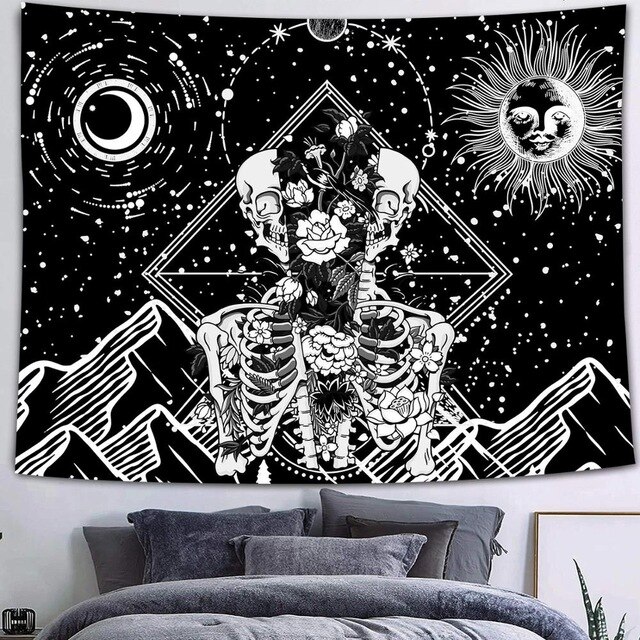 Tapiz gótico de Calavera, Luna, estrellas, cielo estrellado, montaña, negro y blanco, constelación romántica, tapiz para colgar en la pared, decoración estampada: 7