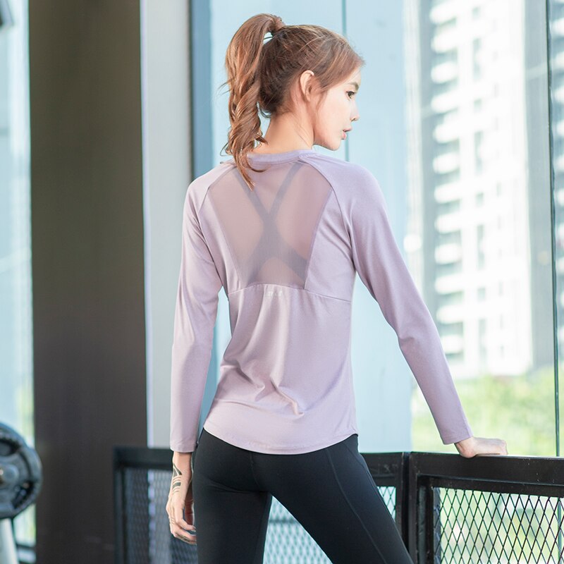 Sports toppe gym kvinder fitness t-shirt nettegarn langærmet yoga top mesh kvinders gym top sportstøj til dame pink purlpe