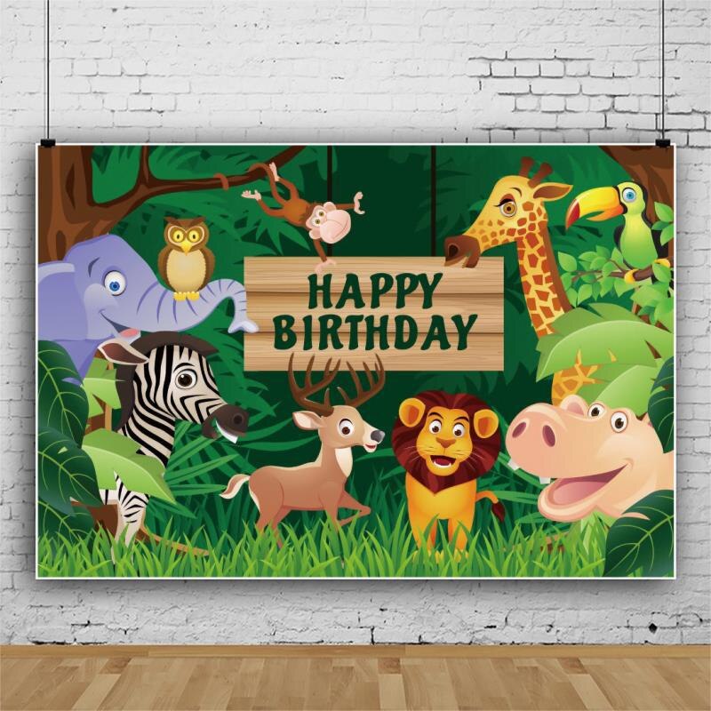 150x100cm Jungle Safari Animal Happy Birthday Backdrop Birthday Party Photo Background Wall Poster Party Backdrops for 1-9 Year: 1
