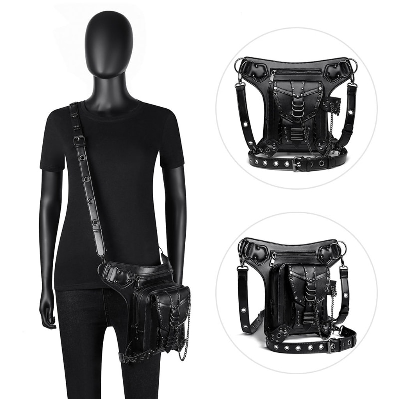 Meisje Gothic Heuptas Fanny Pack Lederen Steampunk Zak Kant Zak Reizen Purse Black Pu Leer Modieuze En Unieke