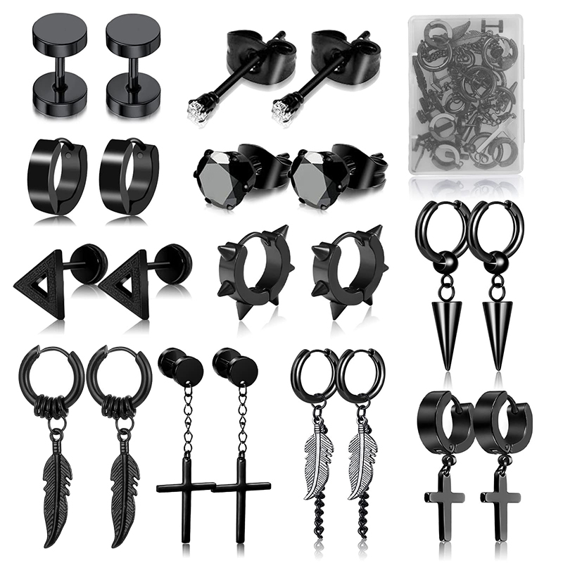 Juego de pendientes Punk de acero inoxidable para hombre y mujer, aretes negros, Piercing de Hip Hop Vintage, accesorios de joyería para la oreja, 1 /11 pares
