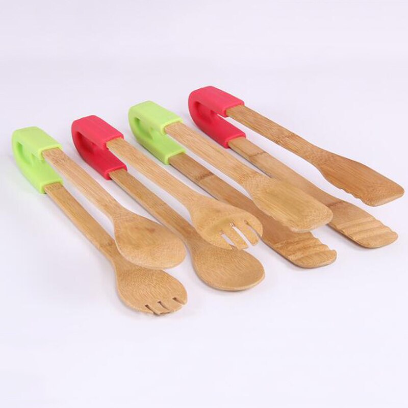 Bamboe Voedsel Tang Salade Taart Snack Clip Grip Broodrooster Tang Siliconen Handvat Brood Tang Gebak Klem Keuken Gereedschap Accessoires