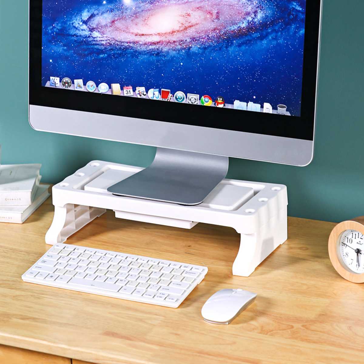 Computer Monitor Heightening Stand PP Material Laptop Keyboard Base with Drawer Makeup Brush/Pen/Stationery Desktop Organizer