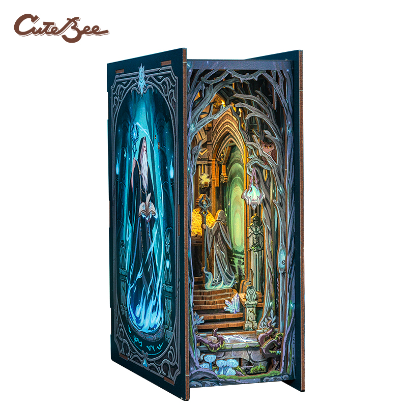 CUTEBEE Puzzle 3D DIY Book Nook Kit Wooden Bookend with Touch Light Secret Rhythm Music Booknook Building Decoration Model: Red