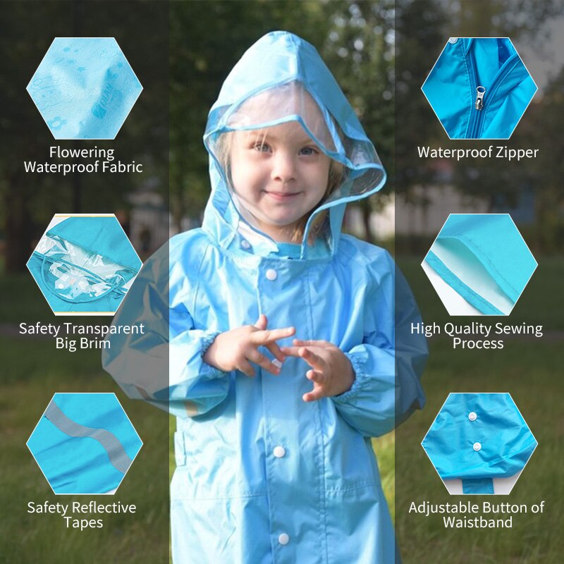 QIAN 2-9 Years Old Fashionable Waterproof Jumpsuit Raincoat Hooded Cartoon Kids One-Piece Rain Coat Tour Children Rain Gear Suit