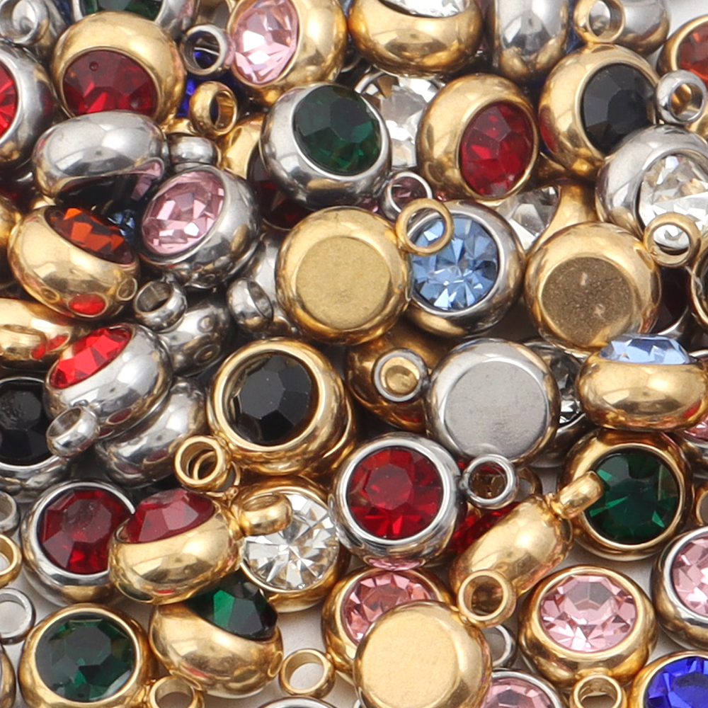 10pcs/lot Stainless Steel Birthstone Pendant 6mm Flat Round Rhinestone Charms Pendant For DIY Jewelry Making Necklace Bracelet
