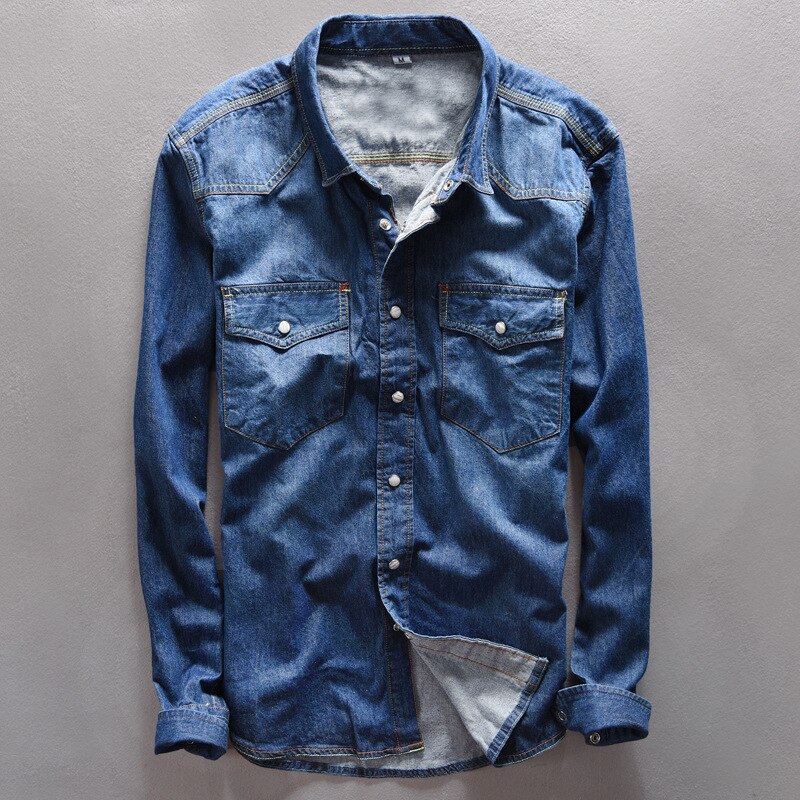 Camisas Vintage de para hombre, pantalones vaqueros azul claro con cuello, camisa informal para otoño, ropa de calle de primavera, tops vaqueros de manga larga de algodón