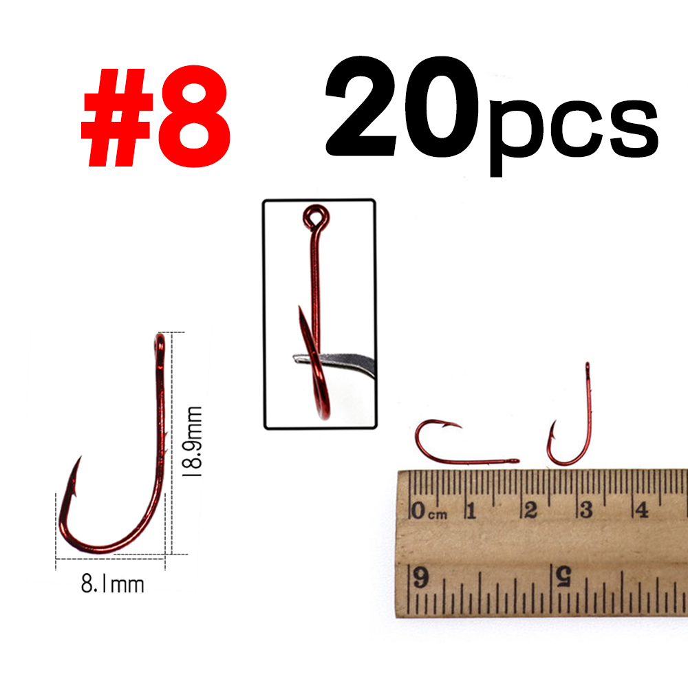 Elllv 20PCS Red Baitholder Fishing Hook Offset Narrow Bait Hook #14 - 5/0 Double Barbs High Carbon Steel Fish Hooks: 20pcs size 8