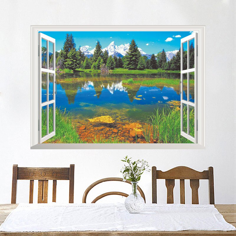 Nature Mountains Lake House Tree 3D Window View Living Room Decoration Poster Mural Wallpaer Wall Sticker Decor