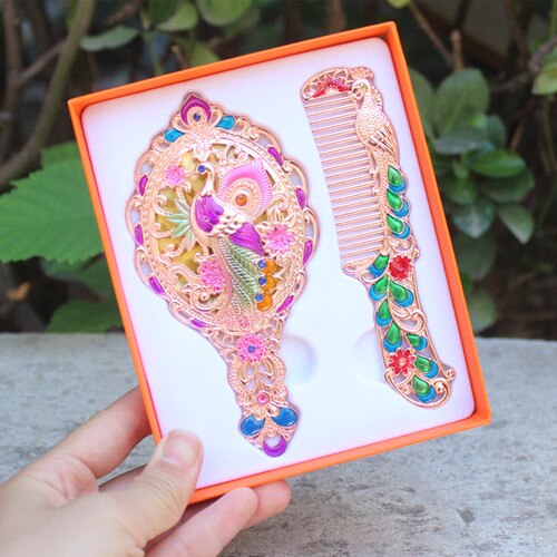 Travel retro makeup handle mirror comb set simple portable dormitory decor student mirror Peacock mirror LB41613: 11
