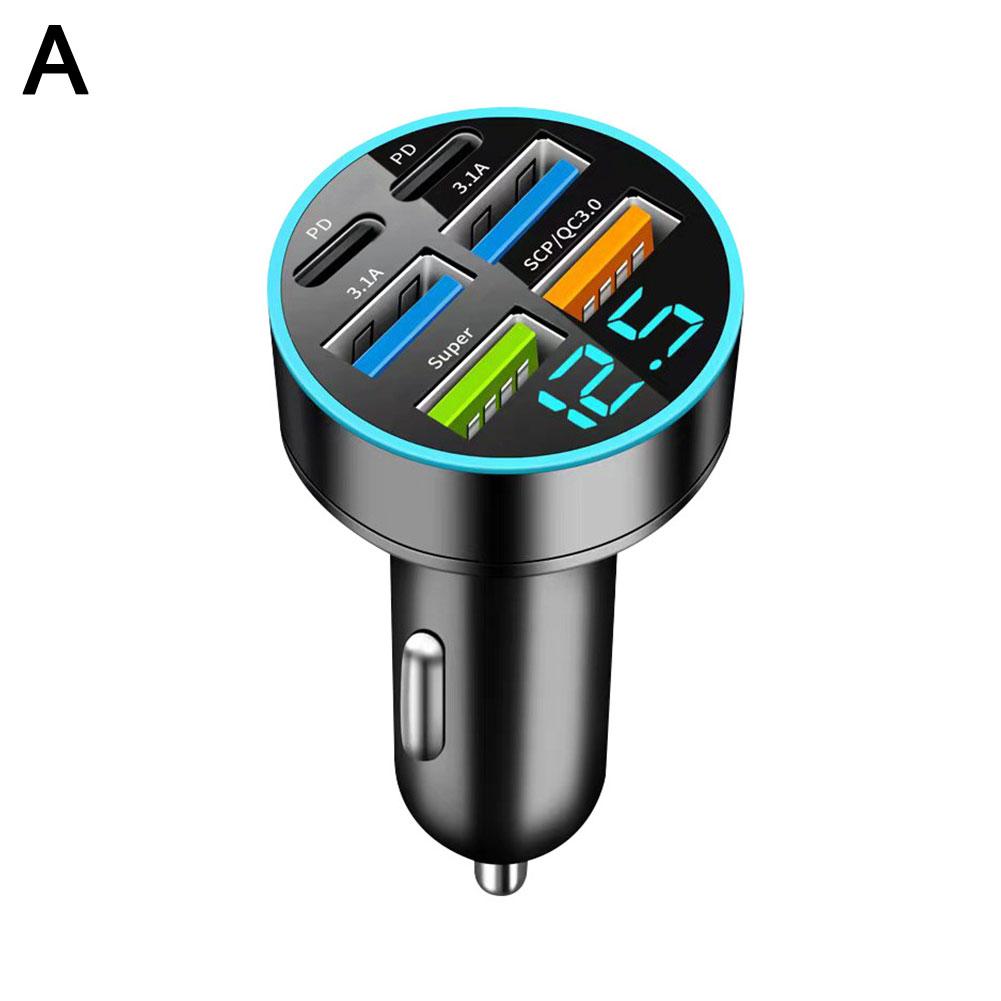 Cargador rápido para coche con pantalla Digital, 6 puertos, 4 A + 2 USB tipo C, 66W, carga rápida para Xiaomi, IPhone y: Negro