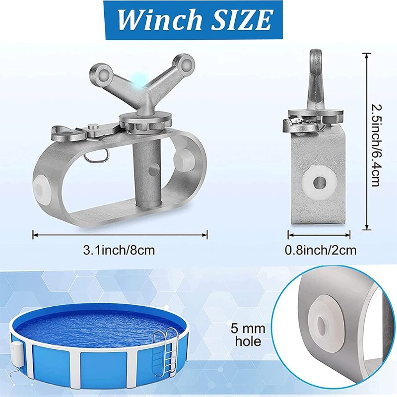 1 Set Winter Swimming Pool Cover Cable and Winch Kit 100ft Plastic Coated Steel Wire Aluminum Spring Loaded Tightener for Above