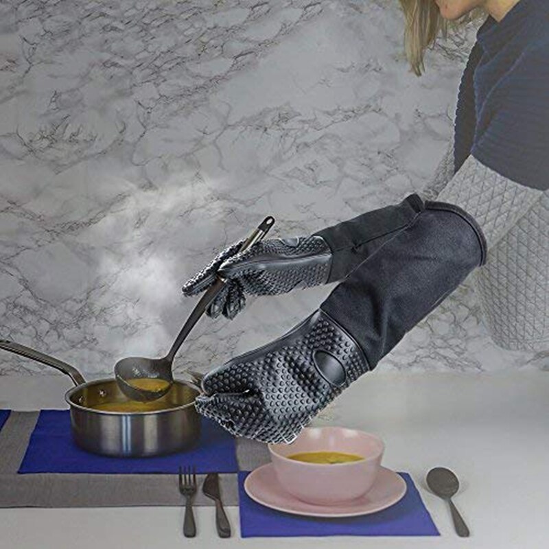 SHGO – gant de cuisine en Silicone Extra Long, gant de cuisine résistant à la chaleur avec coton interne pour la cuisine, le barbecue, la pâtisserie, Gr