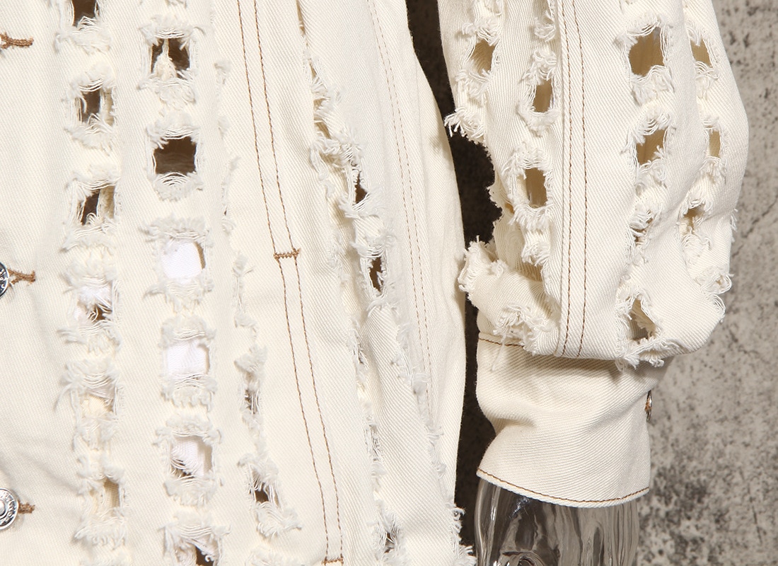 [eam] losse pasvorm beige gaten bandage grote maten spijkerjas revers lange mouw damesjas tij lente herfst 1 y 917