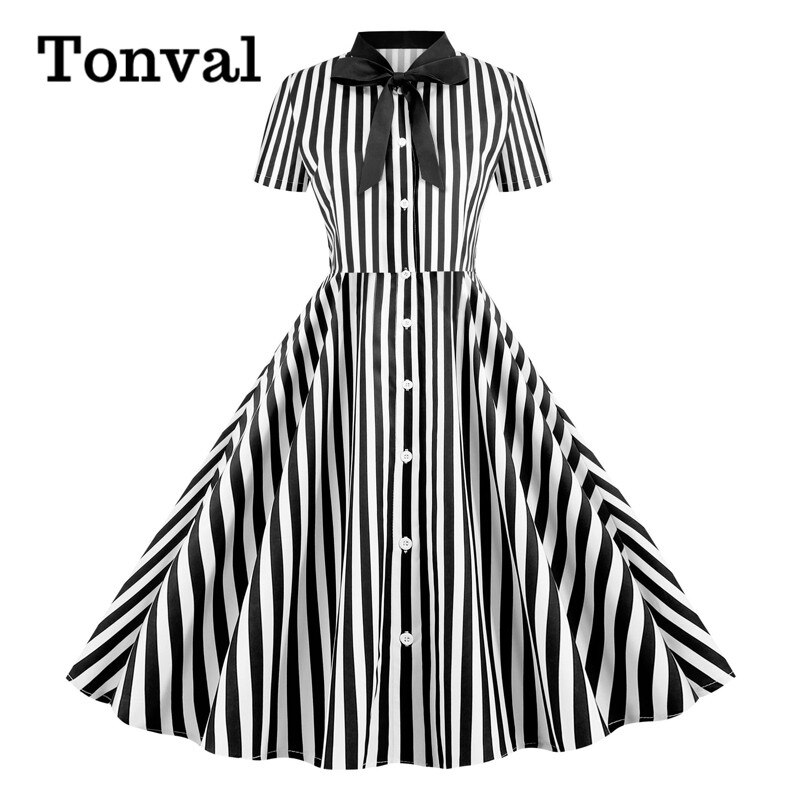 Tonval slips hals stribet vintage kvinder sommer skjorte kjole enkeltradet rockabilly casual swing kjoler